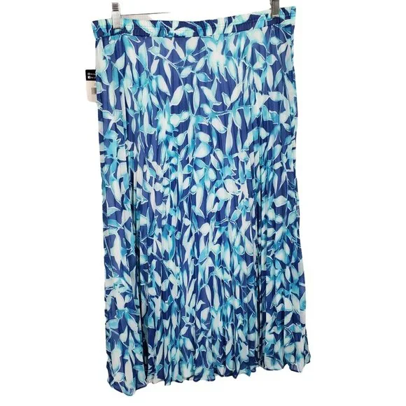Chaps NWT Size L Skirt Pleated Crinkle Floral Chiffon Stretch Waist Lined Blue - Picture 2 of 5